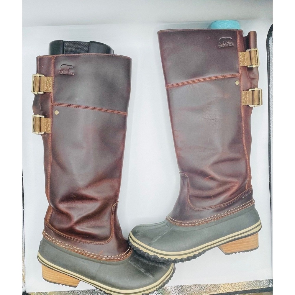 Sorel Slimboot Women 7 Brown Leather Tall Duck Boots NL2321-261 Waterproof Heel